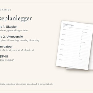 Plano de planejamento para escrita, Ukeplan PDF A4, Ukeoversikt med prioriteter e gjøremål, Planner norsk, Minimalistisk ukeplan imagem 4