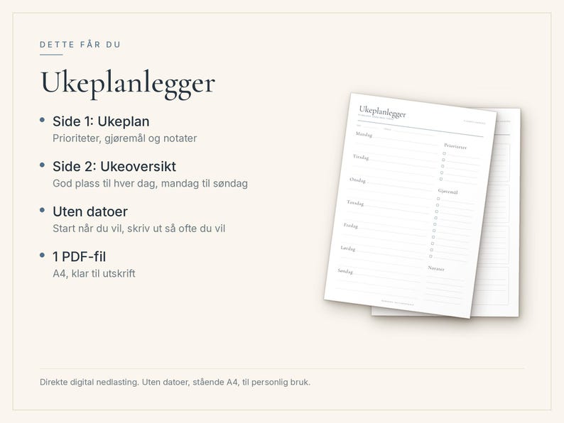 Plano de planejamento para escrita, Ukeplan PDF A4, Ukeoversikt med prioriteter e gjøremål, Planner norsk, Minimalistisk ukeplan imagem 4
