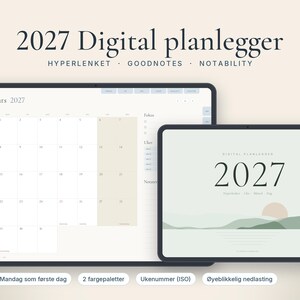 Digital planlegger 2027 på norsk, GoodNotes planner, iPad kalender med ukenummer, Hyperlenket uke- og dagsplan