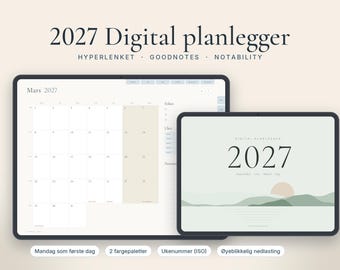 Digital planlegger 2027 på norska, GoodNotes-planerare, iPad kalender med ukenummer, Hyperlenket uke- och dagsplan