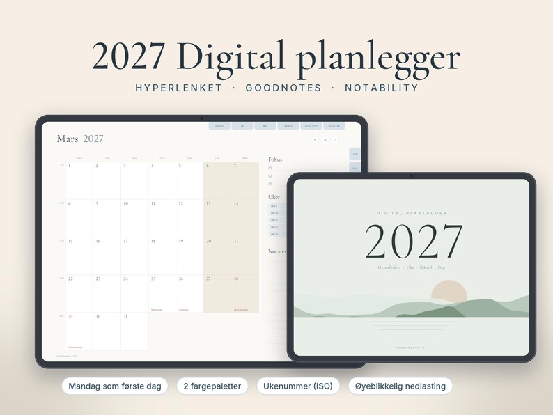 Digital planlegger 2027 på norsk, GoodNotes planner, iPad kalender med ukenummer, Hyperlenket uke- og dagsplan image 1
