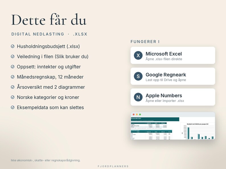 Hushållningsbudget 2027, Excel-mal på norska, Budsjett mot faktiskt, Utgifter och inkomster per månad, Google Regneark, Digital nedlasting bild 5