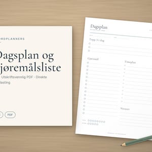 Dagsplan til utskrift, Gjøremålsliste PDF A4, Daglig to do liste med Topp 3, Timeplan, Vann og Humør, Planner norsk