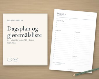 Dagsplan til utskrift, Gjøremålsliste PDF A4, Daglig to do list med Topp 3, Timeplan, Vann og Humør, Planner norsk