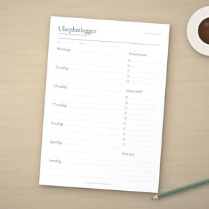 Plano de planejamento para escrita, Ukeplan PDF A4, Ukeoversikt med prioriteter e gjøremål, Planner norsk, Minimalistisk ukeplan imagem 2