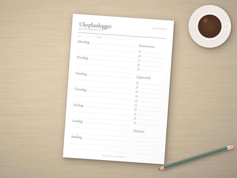 Plano de planejamento para escrita, Ukeplan PDF A4, Ukeoversikt med prioriteter e gjøremål, Planner norsk, Minimalistisk ukeplan imagem 2
