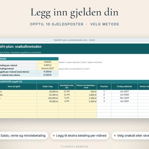 Nedbetalingsplan för aktuell Excel, Gjeldsfri-plan med snöballmetoden och skredmetoden, Gjeldskalkulator på norska bild 2