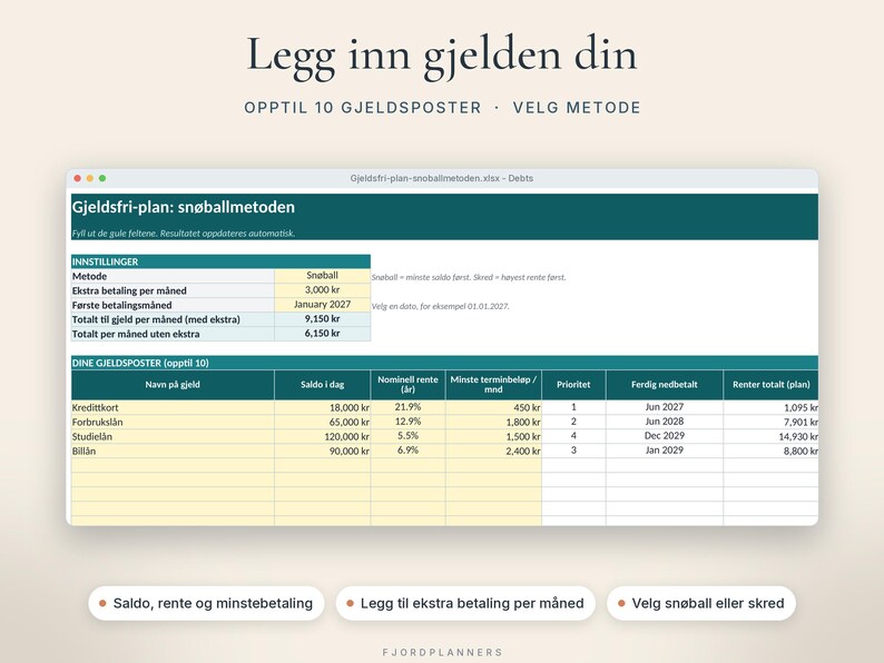Nedbetalingsplan för aktuell Excel, Gjeldsfri-plan med snöballmetoden och skredmetoden, Gjeldskalkulator på norska bild 2