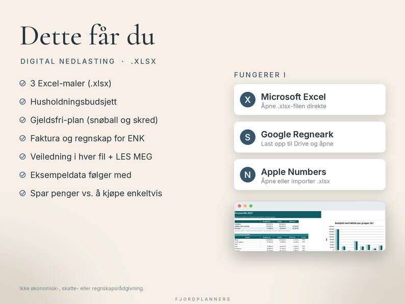 Excel-maler på norsk 2027: Husholdningsbudsjett, Gjeldsfri-plan og Faktura for ENK, Regneark for Excel og Google image 5