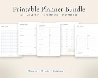 Minimalistisk utskrivbar kalender, 5 kalendersidor: Veckovis, Måltid, Vana, Sparande, Att-göra, A4 och US Letter PDF