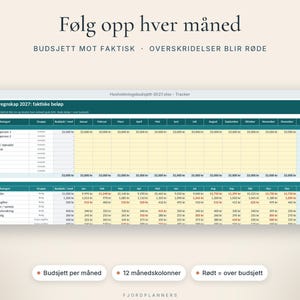 Hushållningsbudget 2027, Excel-mal på norska, Budsjett mot faktiskt, Utgifter och inkomster per månad, Google Regneark, Digital nedlasting bild 3