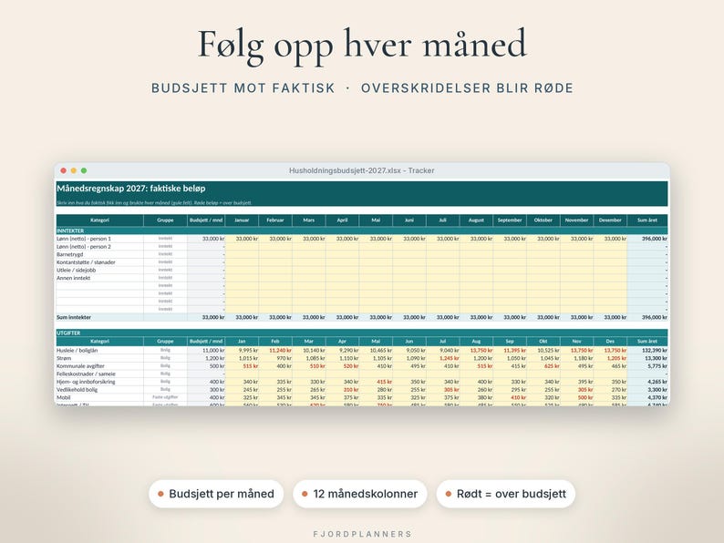 Hushållningsbudget 2027, Excel-mal på norska, Budsjett mot faktiskt, Utgifter och inkomster per månad, Google Regneark, Digital nedlasting bild 3