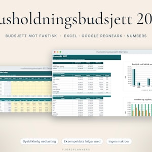 Hushållningsbudget 2027, Excel-mal på norska, Budsjett mot faktiskt, Utgifter och inkomster per månad, Google Regneark, Digital nedlasting bild 1