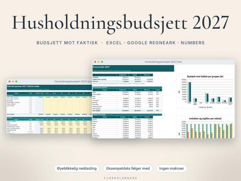 Hushållningsbudget 2027, Excel-mal på norska, Budsjett mot faktiskt, Utgifter och inkomster per månad, Google Regneark, Digital nedlasting bild 1