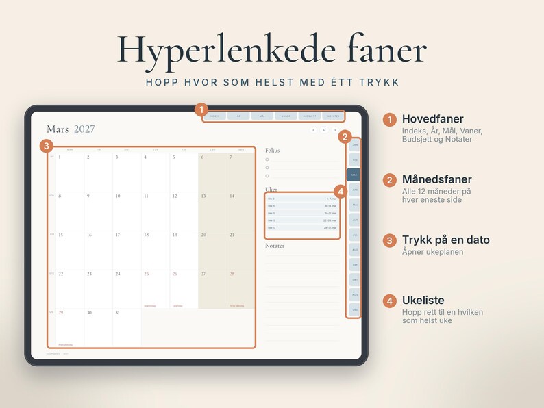 Digital planlegger 2027 på norsk, GoodNotes planner, iPad kalender med ukenummer, Hyperlenket uke- og dagsplan image 4