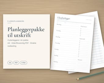 Planleggerpaket för utskrift, Ukeplanlegger, Vanesporer, Sparesporer och Dagsplan PDF A4, Planner norsk paket, Gjøremålsliste