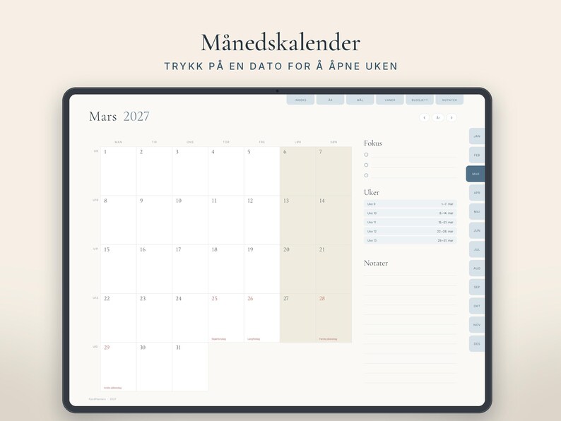 Digital planlegger 2027 på norsk, GoodNotes planner, iPad kalender med ukenummer, Hyperlenket uke- og dagsplan image 2