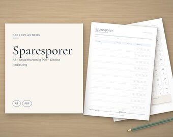 Sparesporer til utskrift, 52 ukers spareutfordring i kroner, Sparemål PDF A4, Sparetracker, Budsjett og økonomi planner norsk