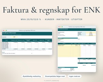 Fakturamal Excel för ENK med MVA, Regnskap och Bokføring för enkeltpersonforetak, Kunderegister, Norsk Regneark