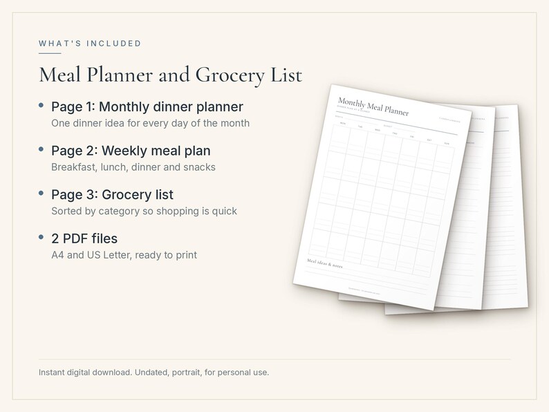 Printbare maaltijdplanner met boodschappenlijst, weekmenu, maandmenu, boodschappenlijst (PDF, A4 en US Letter). afbeelding 4