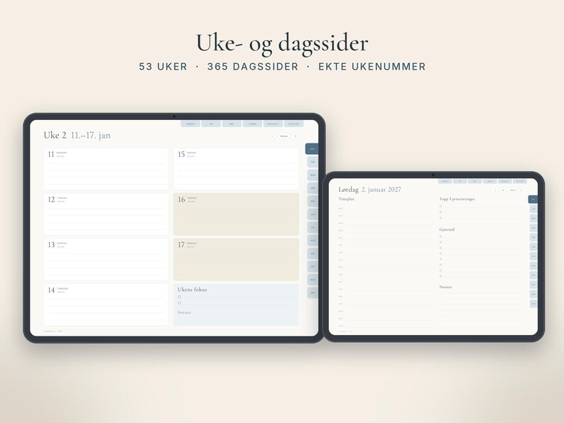 Digital planlegger 2027 på norsk, GoodNotes planner, iPad kalender med ukenummer, Hyperlenket uke- og dagsplan image 3