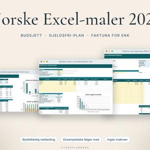 Excel-maler på norsk 2027: Husholdningsbudsjett, Gjeldsfri-plan og Faktura for ENK, Regneark for Excel og Google image 1