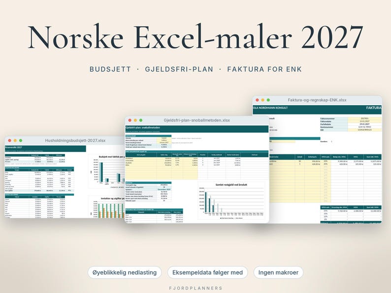Excel-maler på norsk 2027: Husholdningsbudsjett, Gjeldsfri-plan og Faktura for ENK, Regneark for Excel og Google image 1
