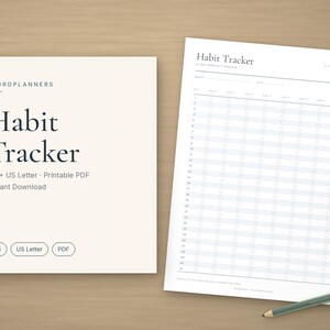 Op de afbeelding: Een printbaar gewoonte-tracker document met een voorpagina met de tekst Fjordplanners Habit Tracker A4 + US Letter Printable PDF Instant Download en een tweede pagina met een 31-daags maandelijks tracker-raster en een potlood.