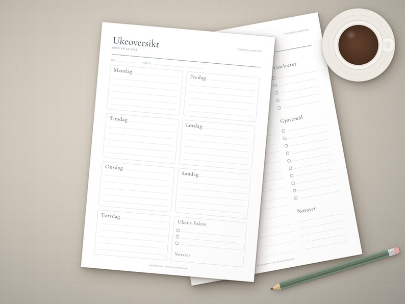 Plano de planejamento para escrita, Ukeplan PDF A4, Ukeoversikt med prioriteter e gjøremål, Planner norsk, Minimalistisk ukeplan imagem 3