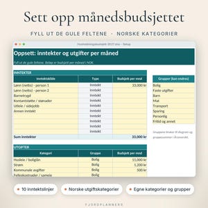 Hushållningsbudget 2027, Excel-mal på norska, Budsjett mot faktiskt, Utgifter och inkomster per månad, Google Regneark, Digital nedlasting bild 2