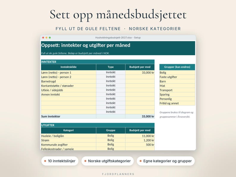 Hushållningsbudget 2027, Excel-mal på norska, Budsjett mot faktiskt, Utgifter och inkomster per månad, Google Regneark, Digital nedlasting bild 2