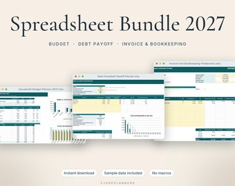 Budget-, skuldavbetalnings- och fakturakalkylbladspaket, Excel- och Google Sheets-mallar, ekonomipaket direkt nedladdning