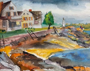 May include: A watercolor painting depicting a coastal scene with two houses, a green tree, and a white lighthouse. The foreground features rocky terrain with shades of brown, orange, and blue, while the sky is filled with dark, stormy clouds.