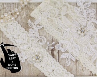 Cream lace & Blue satin plus size Garter With Pearl heart & rhinstones Cream lace & Blue satin plus size Garter With Pearl heart & rhinstones