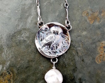 Athena Necklace, Goddess of Wisdom, Owl, sterling silver, freshwater pearl