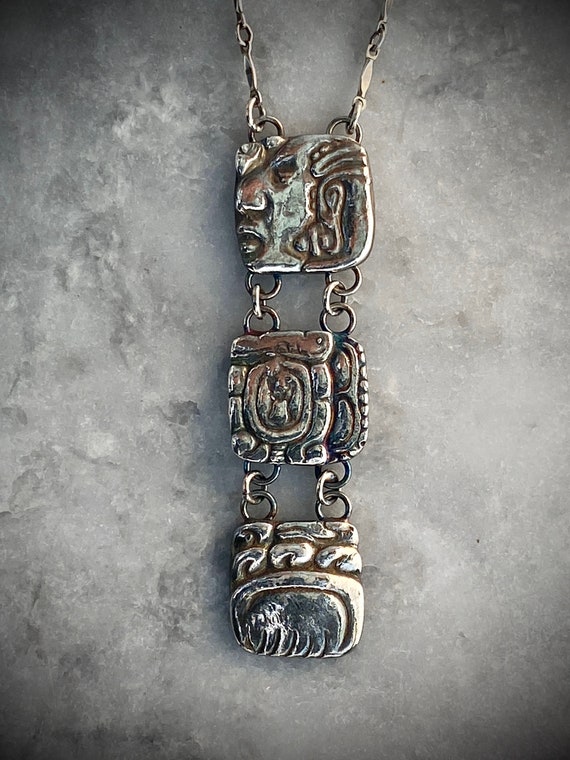 Mayan Trio Of Glyphs Necklace - Mayan Glyph Pendant