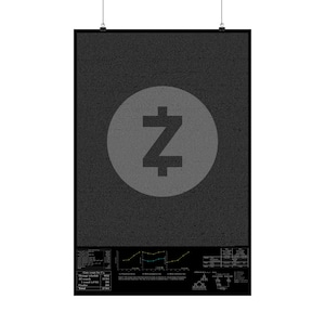May include: A black poster with a gray circle containing a stylized "Z" symbol. The poster has a textured background and includes charts and data tables at the bottom. The poster is held by two clips at the top.