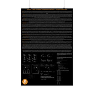 Peut inclure: Une affiche noire avec du texte et des schémas blancs. Le texte en haut indique "Bitcoin: A Peer-to-Peer Electronic Cash System" et "Satoshi Nakamoto". Le logo Bitcoin est en bas. L'affiche est suspendue par deux cordes.