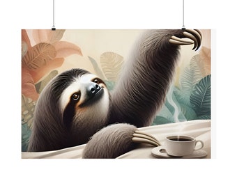 Sloth Slow To Wake Up In The Morning With Coffee Fun Home Decor Art Print Posters