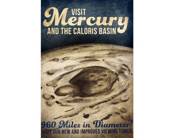 Retro Mercury Space Travel Planet Poster - Explore the Caloris Basin - Astronomy Art - Vintage Space Travel Historical NASA Style