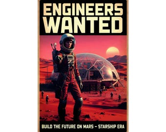 Engineers Wanted Mars Colony Poster - SpaceX Starship Retro Futuristic Sci-Fi Wall Art, Build the Future on Mars Print