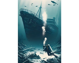 Scuba Shipwreck Diving Travel Style Version Ocean Wreck Dive Certified Painting Art Print Poster