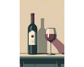 Glass of Red Wine with Wine Bottle Fancy Home Decor Kitchen Drinking Alcohol Art Print Poster