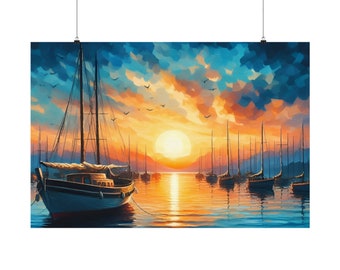 Modern Boat Anchored In The Bay with Beautiful Sunset and Ocean Views Happy Chill Relax Vibes Home Decor Oil Paint Style Art Print Posters