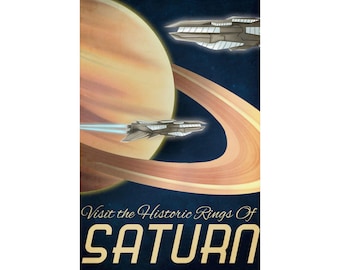 Visit The Historic Rings of Saturn Vintage Space Travel Poster - NASA Style Vintage Space Destinations Artwork