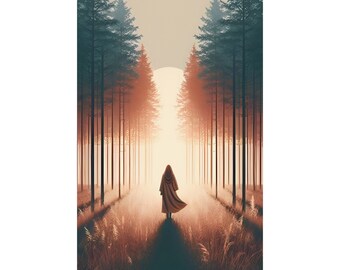 Woman Standing Beautiful Forest Trees Boho Style Peaceful Bohemian Style Hippie Calm Relaxing Vibes Beige And Green Modern Art Print Poster