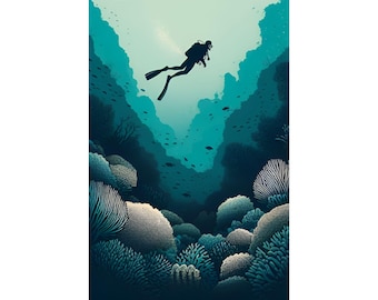 Underwater Exploration SCUBA Diving a Coral Reef System Matte Vertical Poster - Ocean Life Wall Art