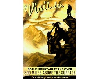 Visit to Scale Mountain Peaks of the Io Moon of Jupiter - Adventure-Inspired Space Futuristic Themed Matte Vertical Poster