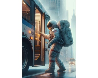 Astronaut Boarding The Bus To Work In New York City Modern Futuristic Space Mission NASA Art Print Poster
