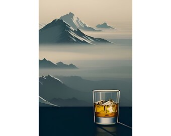 Whiskey Glass Against a Mountain Backdrop Shots Fancy Home Decor Kitchen Drinking Alcohol Art Print Poster